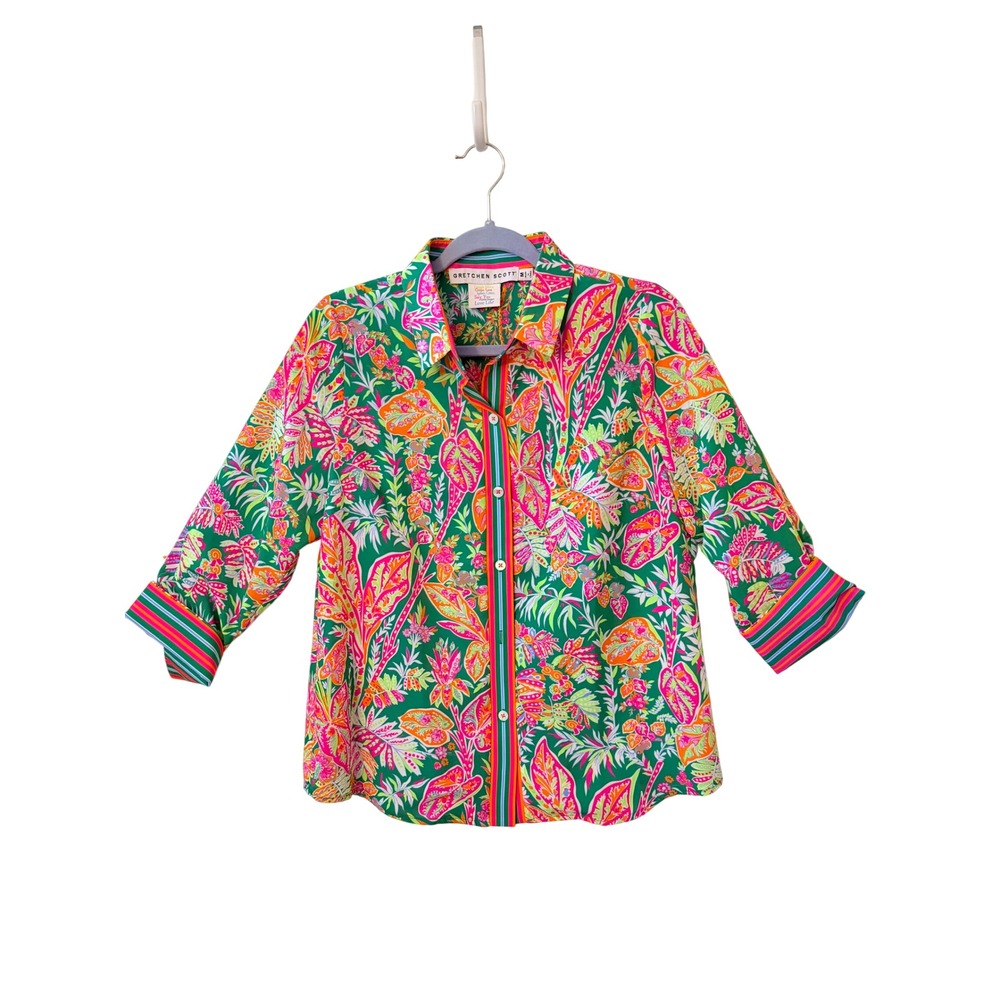 GRETCHEN SCOTT Green Tropical Palm Beach Preppy Coastal Button Down Shirt MEDIUM